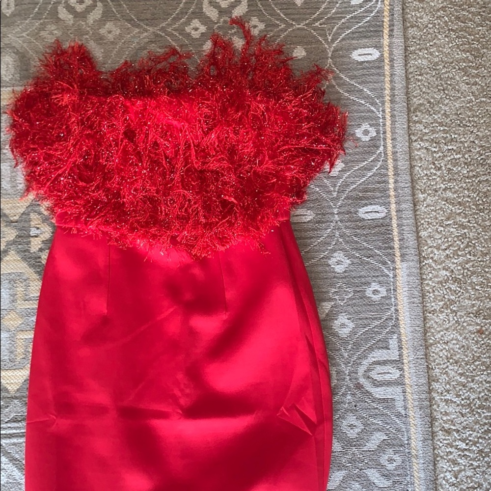 Red midi dress with fringe detail